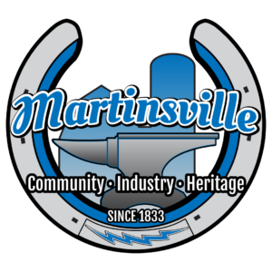 City of Martinsville logo featuring a horseshoe surrounding an anvil and barn silo silhouette, with the words "Martinsville," "Community • Industry • Heritage," and "Since 1833."