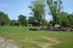 A view of Linn Park with the big anvil and amphitheater in the background.